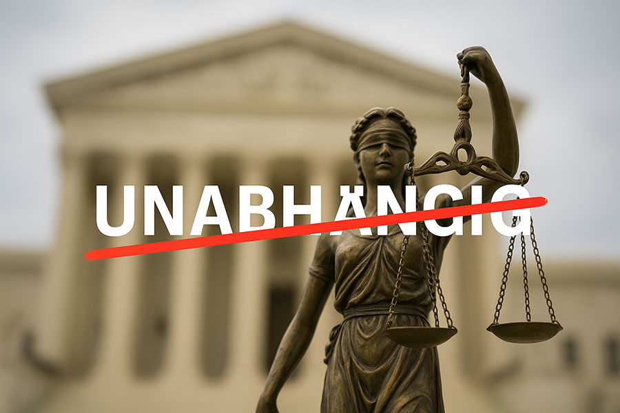 Eine Statue der Justitia mit einer durchgestrichenen Aufschrift 